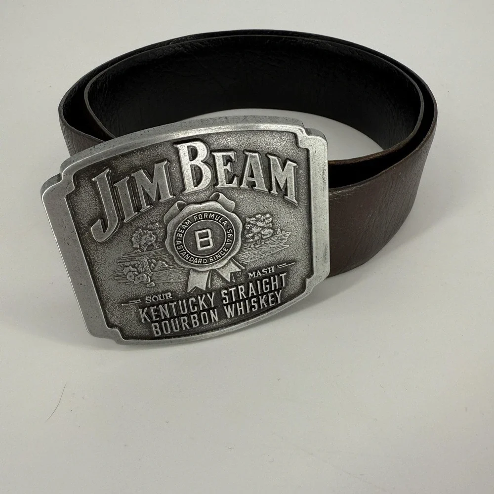 Jim Beam Belt Mens 34 Brown Large Metal Buckle Whiskey Bourbon Advertising Strap
